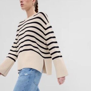 GAP Cream and Black Striped Crewneck Split Hem Sweater